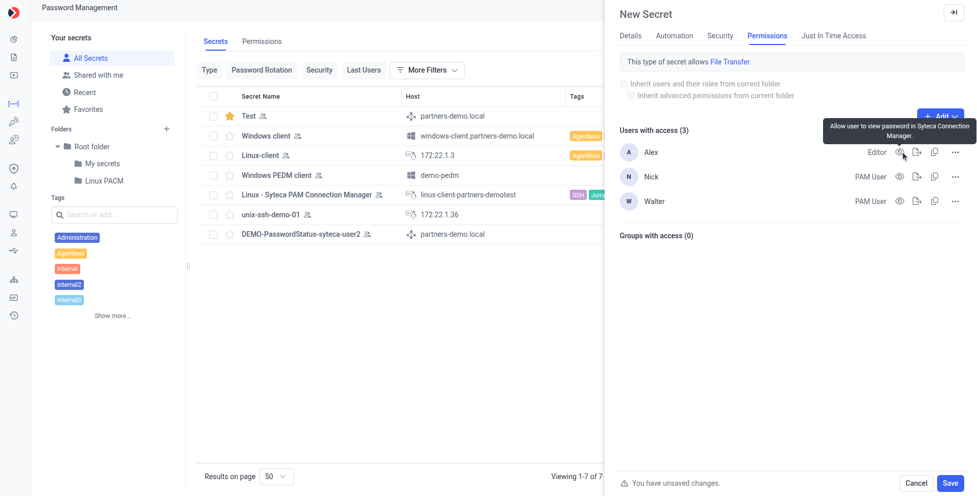 Permissions tab with View Password and Copy Password checkboxes selected