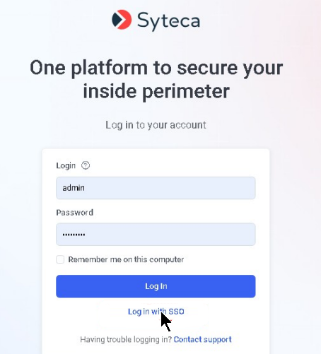 Syteca Management Tool login page showing the Log in with SSO button