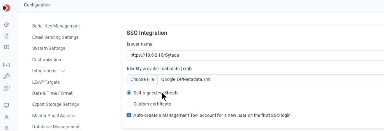 Syteca SSO Integration configuration page showing issuer name and identity provider metadata fields