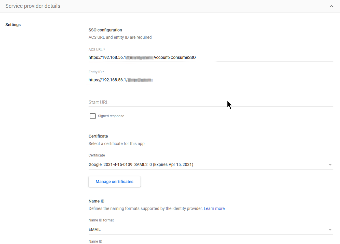 Google Workspace service provider details showing ACS URL, Entity ID, and Name ID configuration