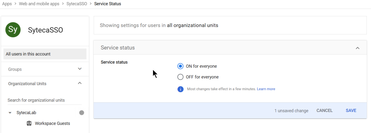 Service status panel showing the ON for everyone option selected