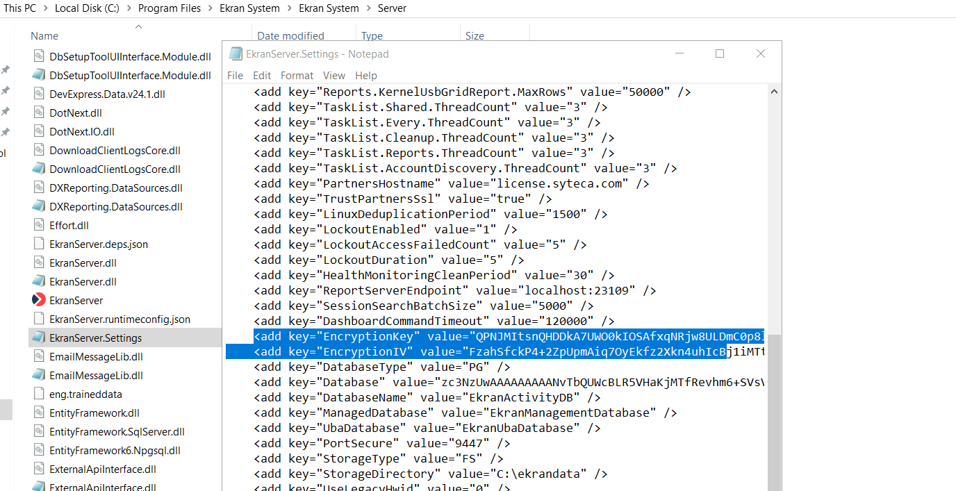 The EncryptionIV and EncryptionKey values copied from the EkranServer.Settings.config file.
