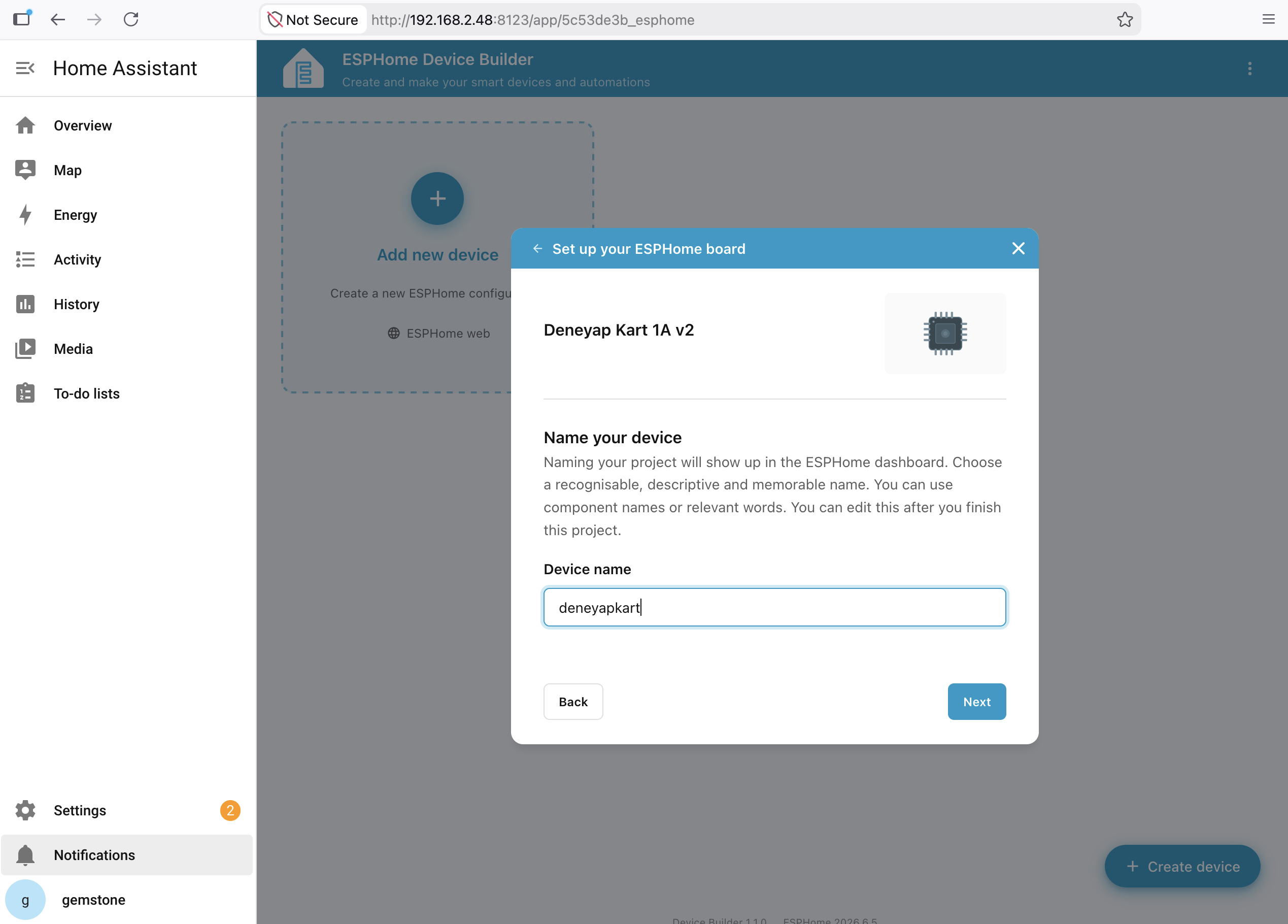 ESPHome Device Type Selection Screen