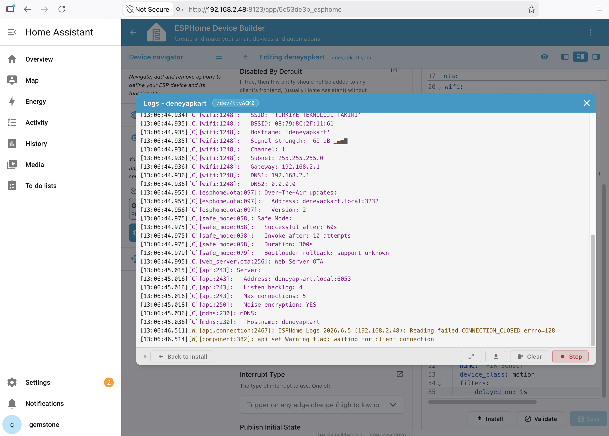 ESPHome Software Upload Log Screen