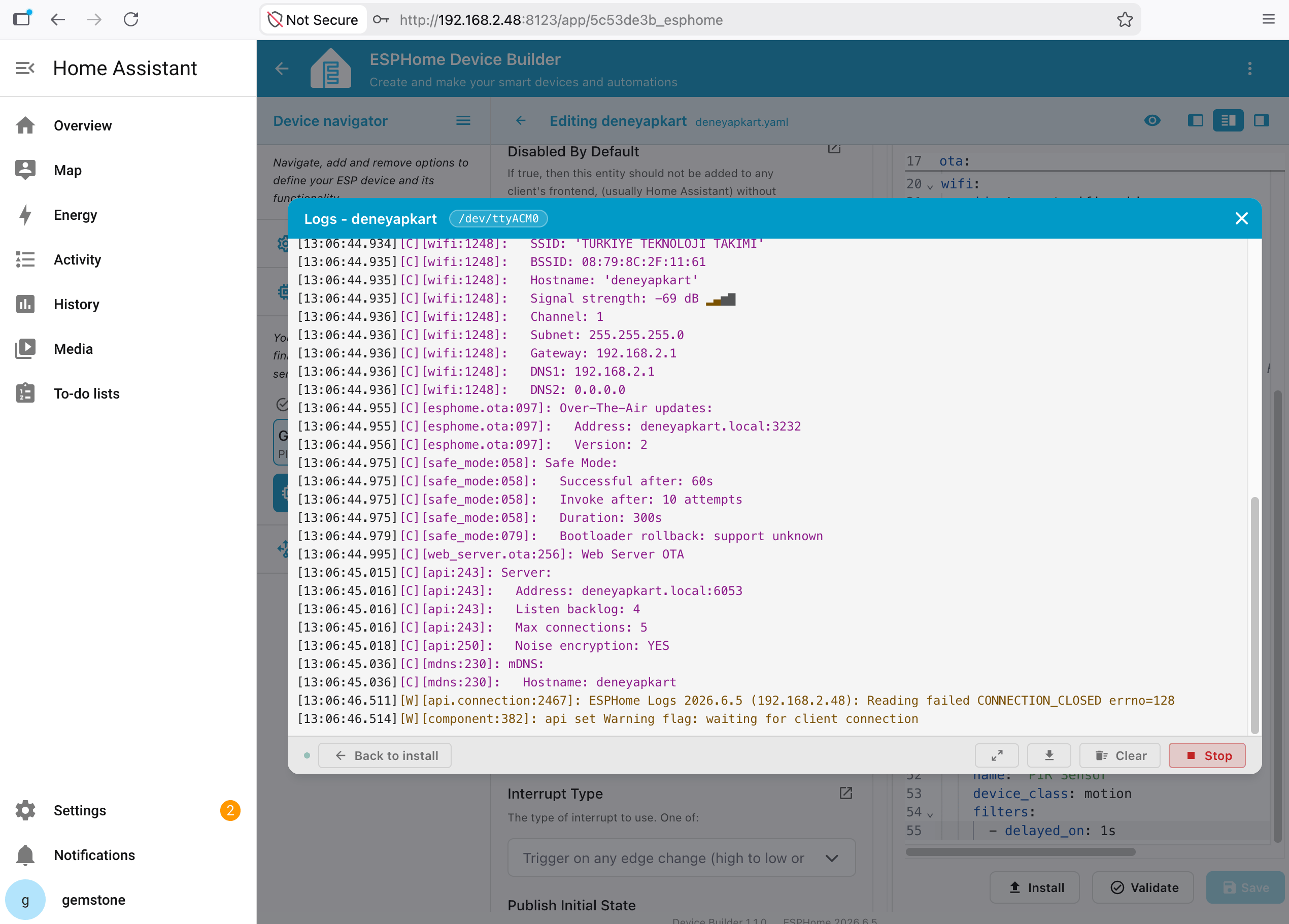 ESPHome Software Upload Log Screen