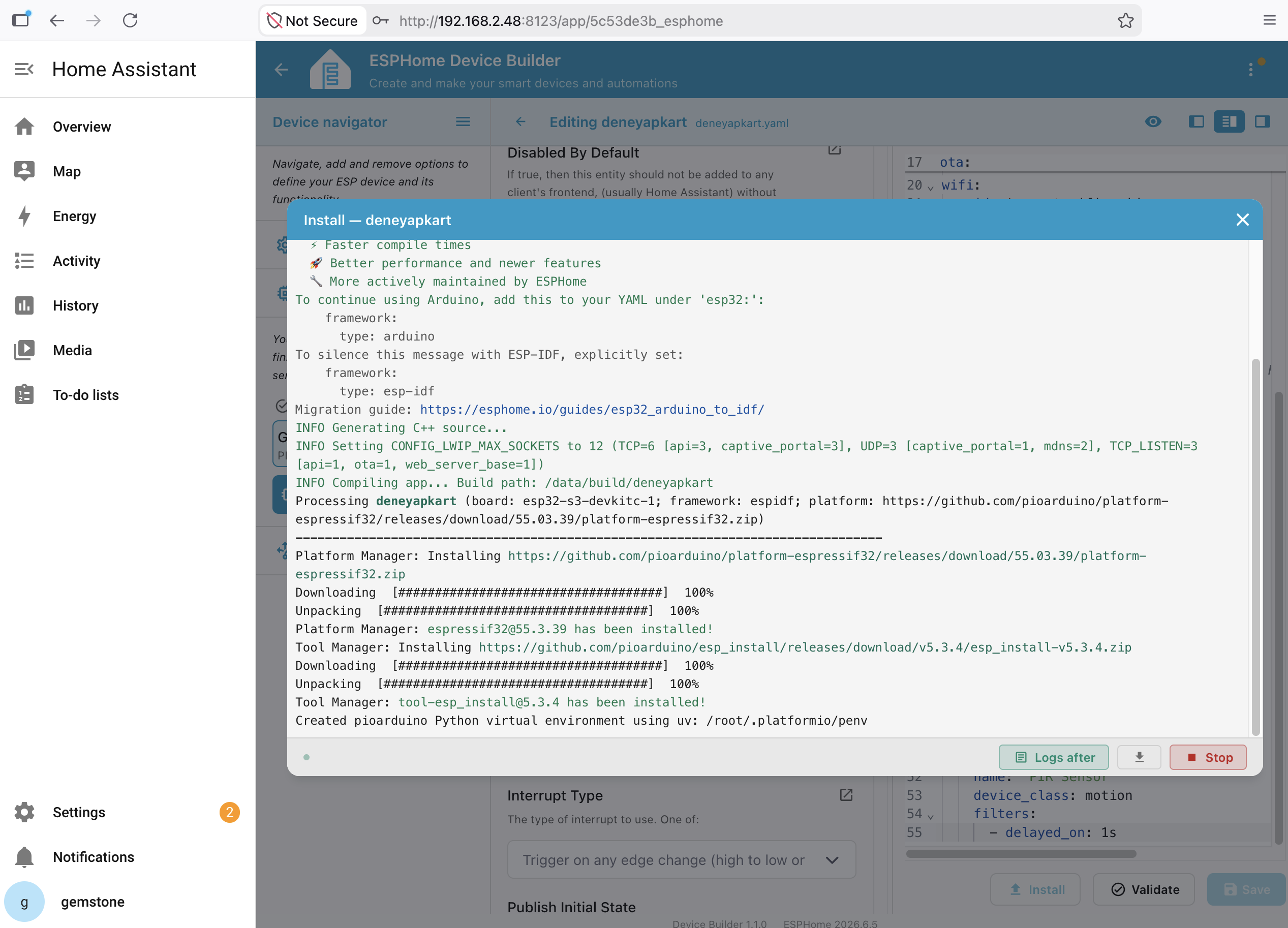 ESPHome Software Upload Log Screen