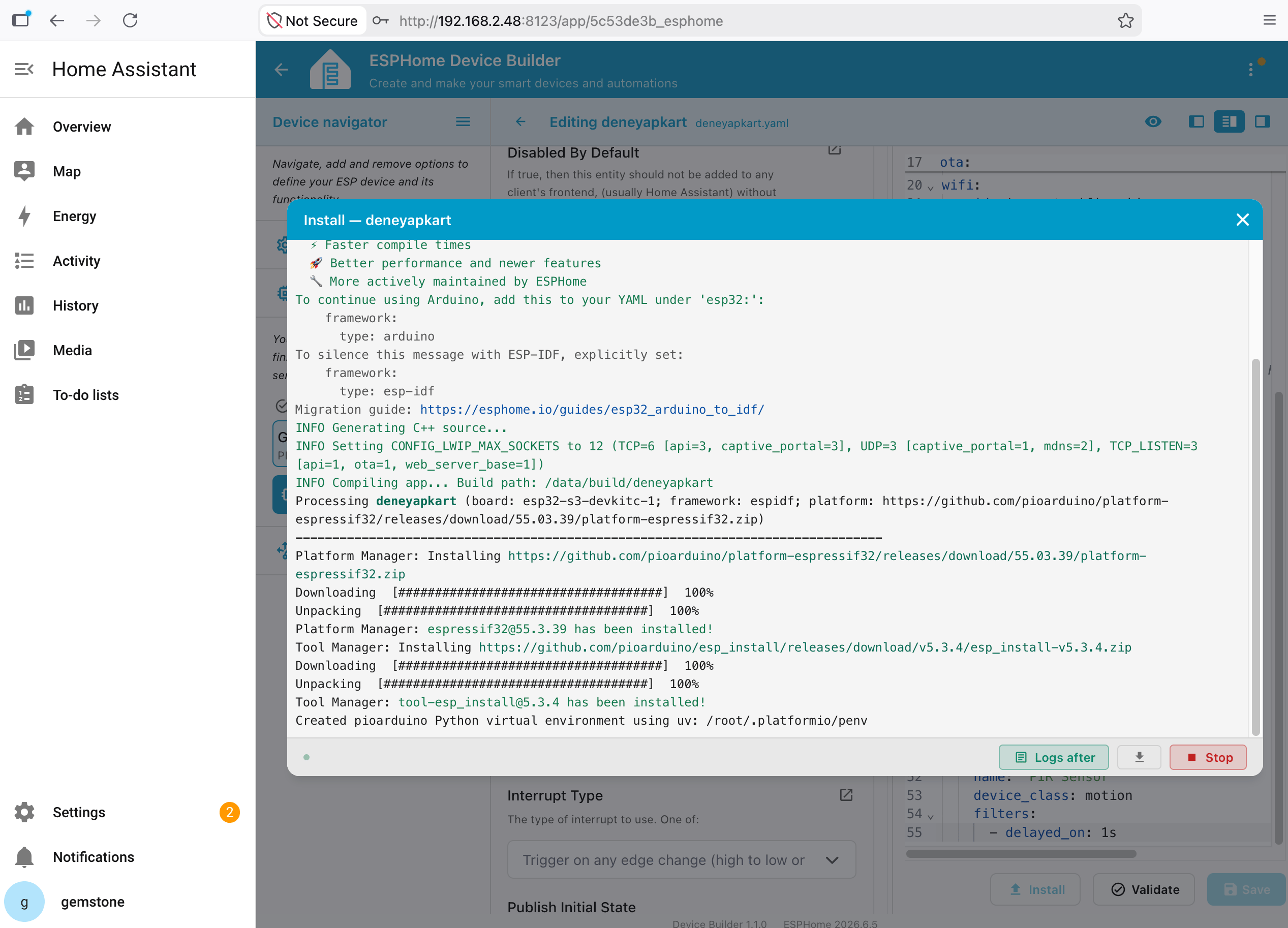 ESPHome Software Upload Log Screen