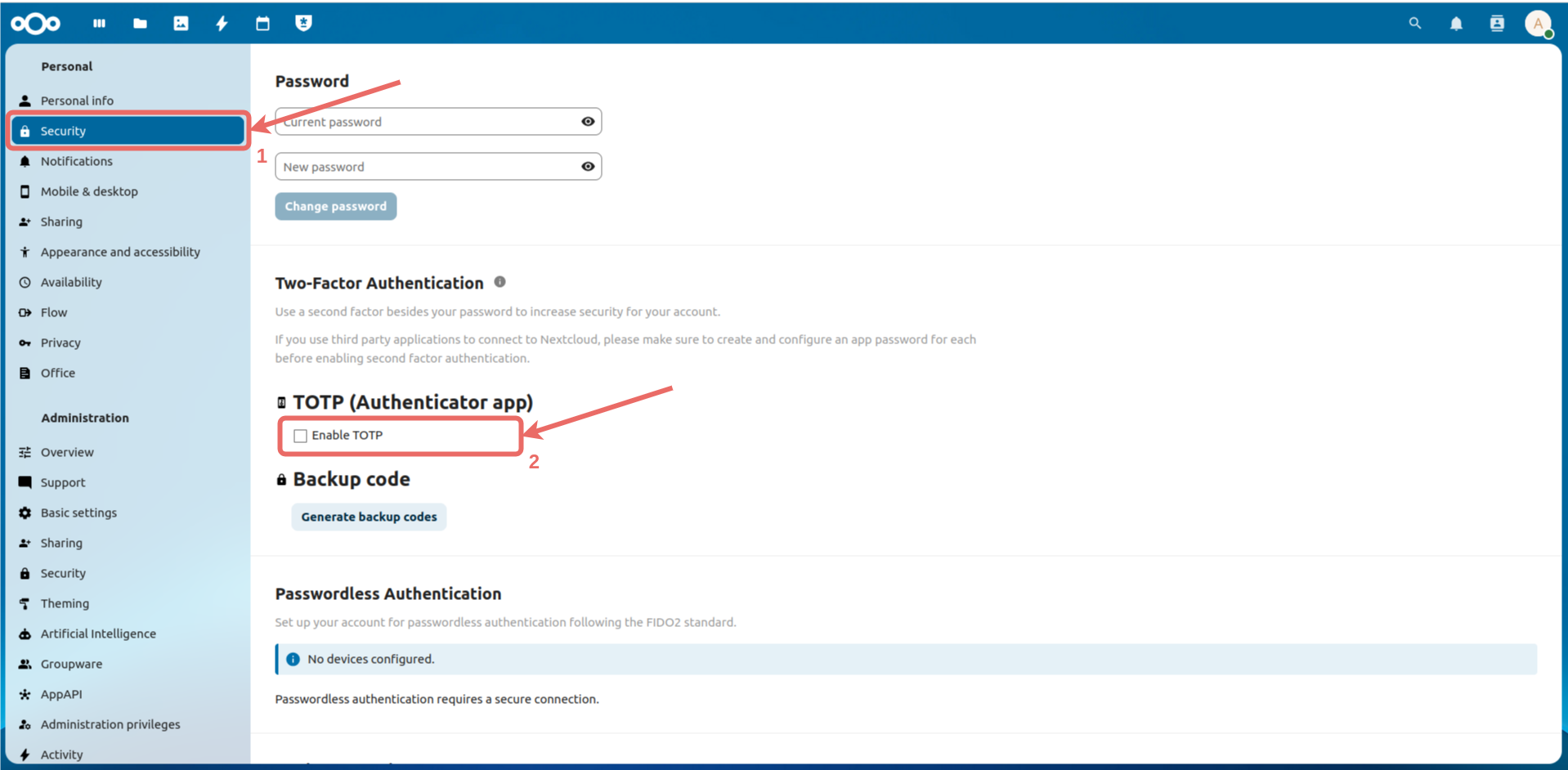 Nextcloud security settings
