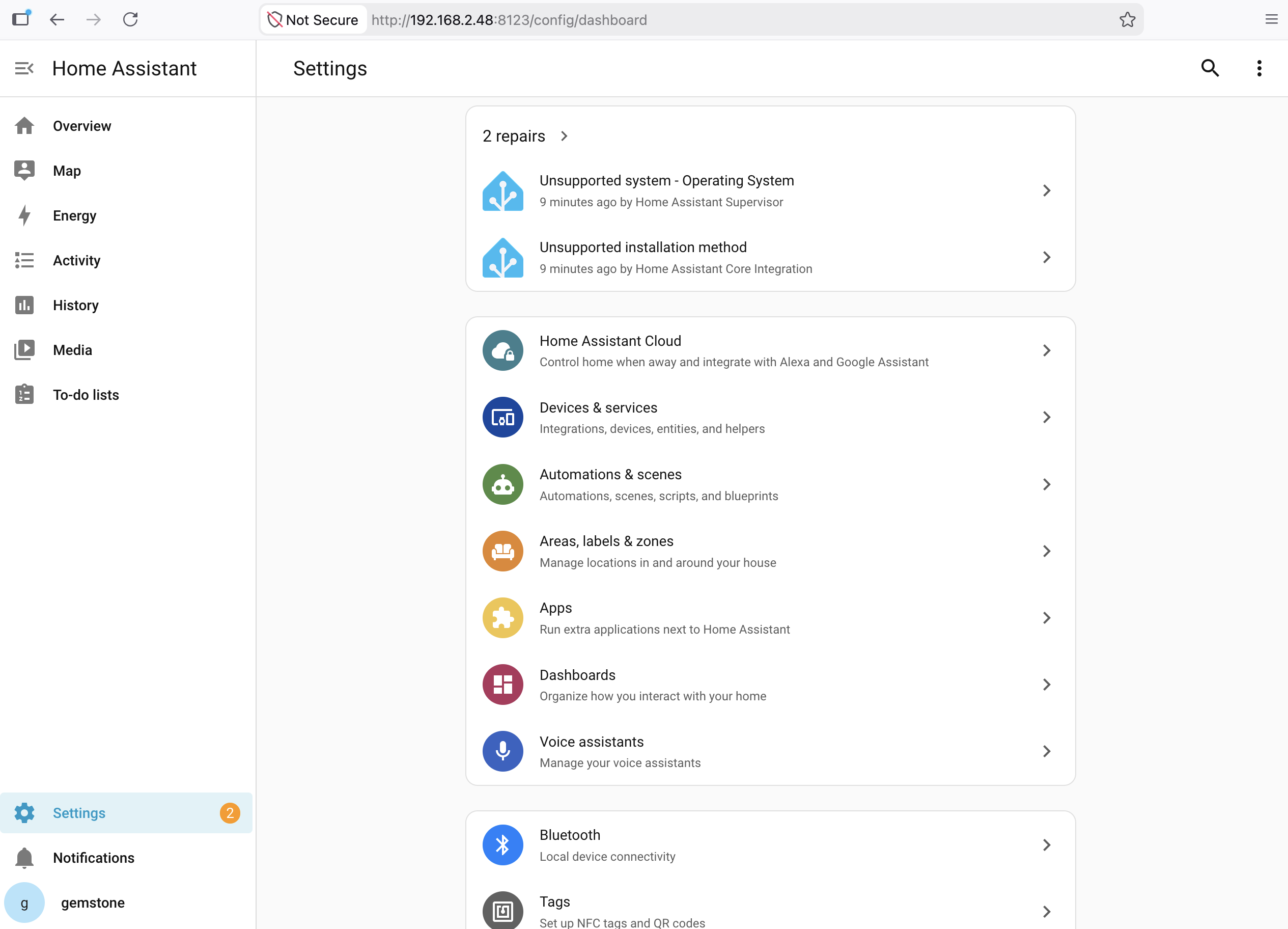 Home Assistant Settings Section