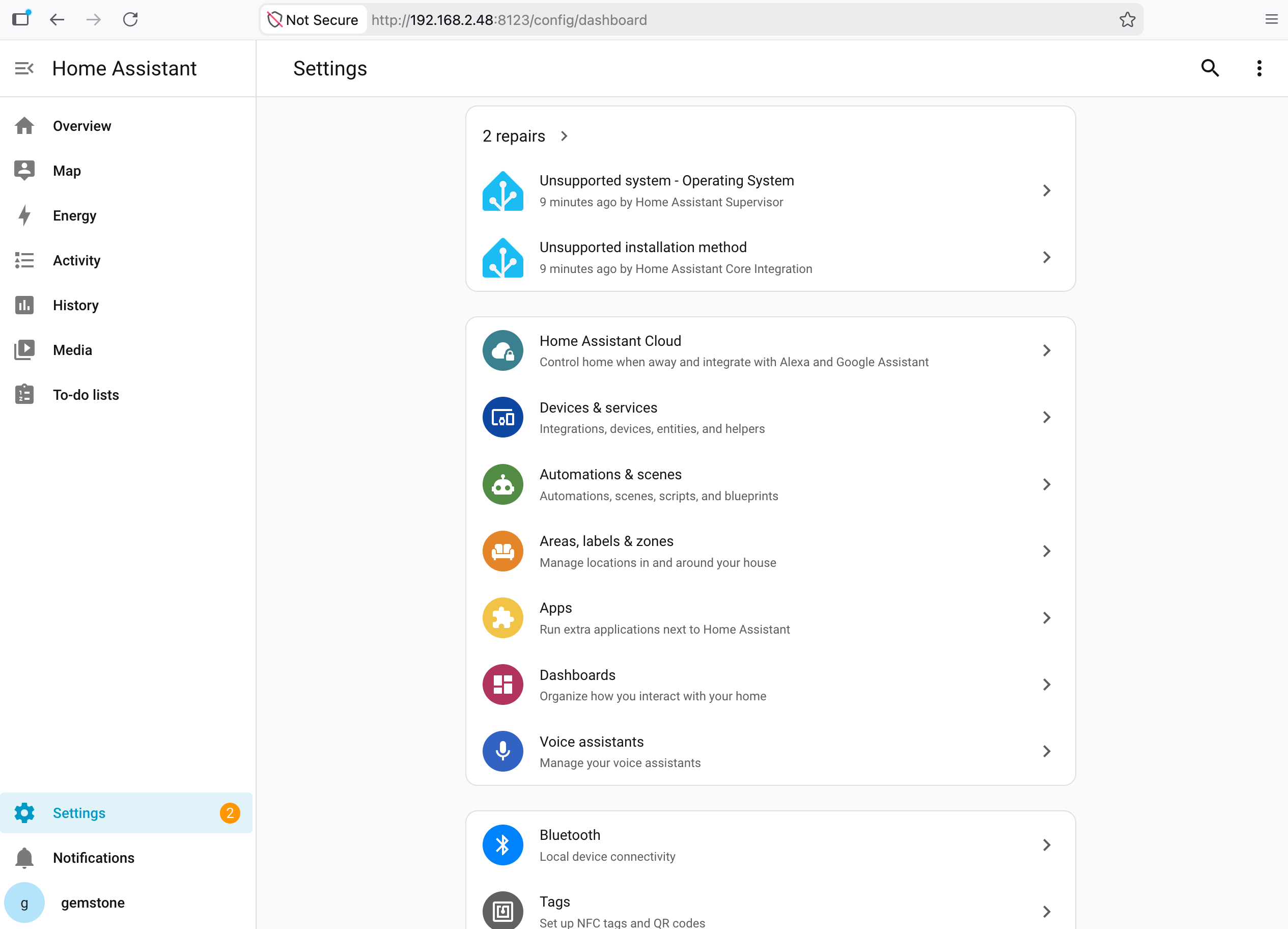 Home Assistant Settings Section