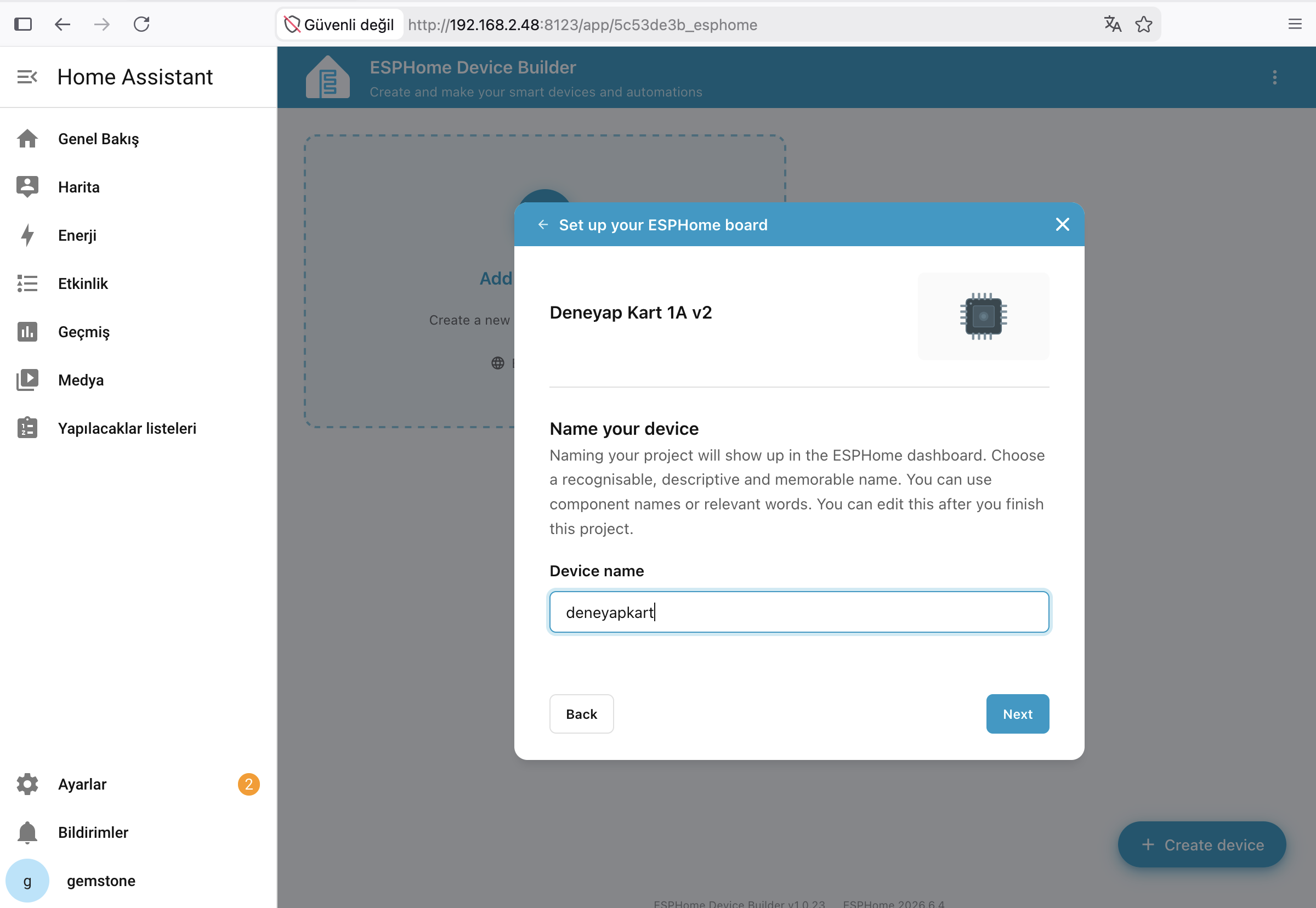 ESPHome Cihaz Tip Seçim Ekranı
