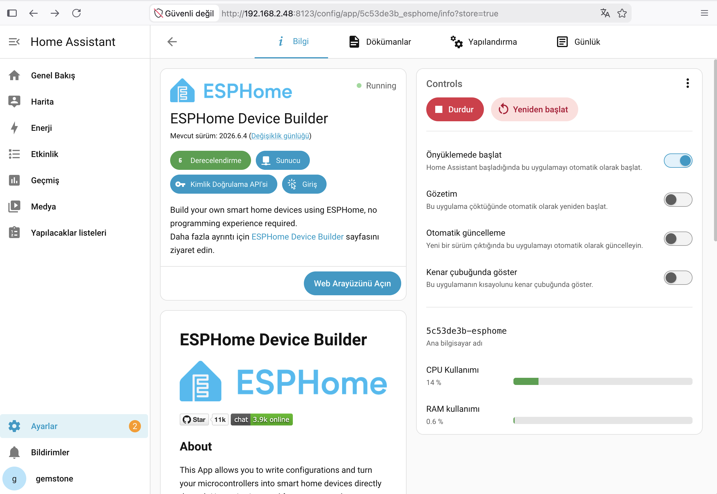 Home Assistant ESPHome Yüklendikten Sonra