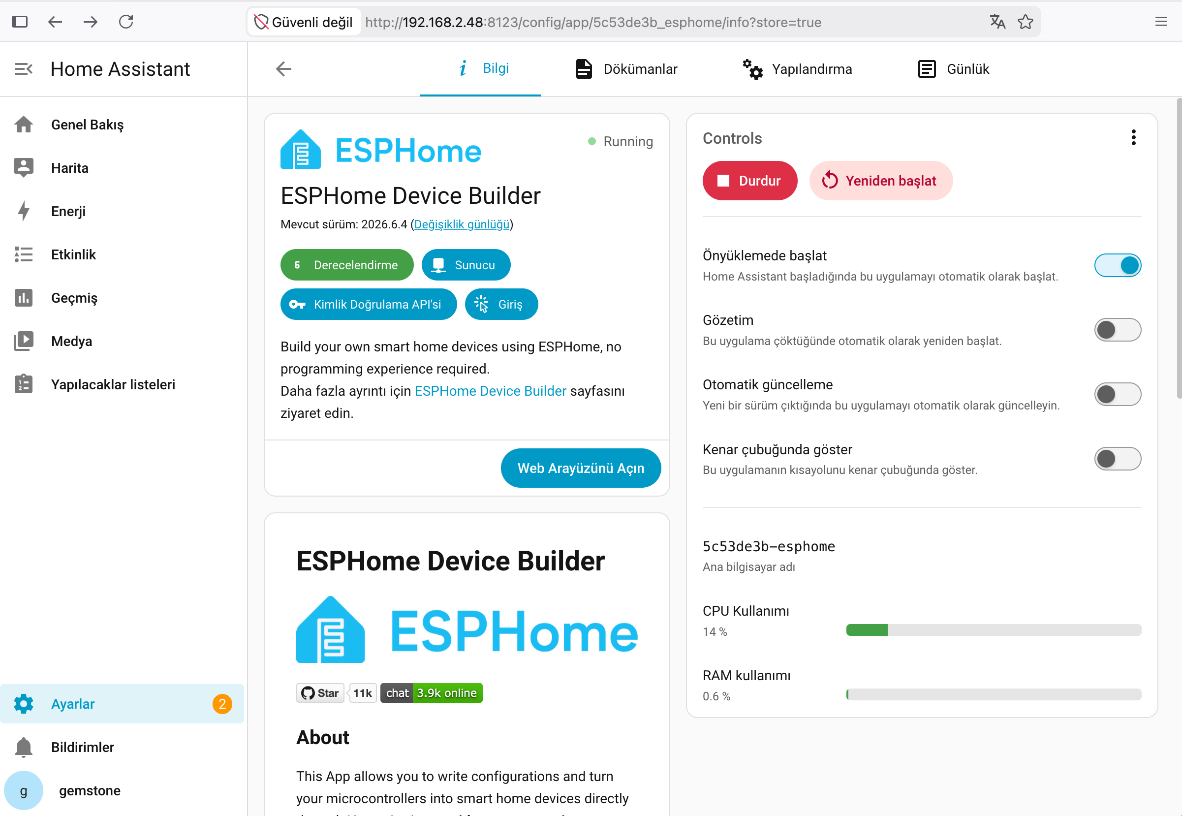Home Assistant ESPHome Yüklendikten Sonra