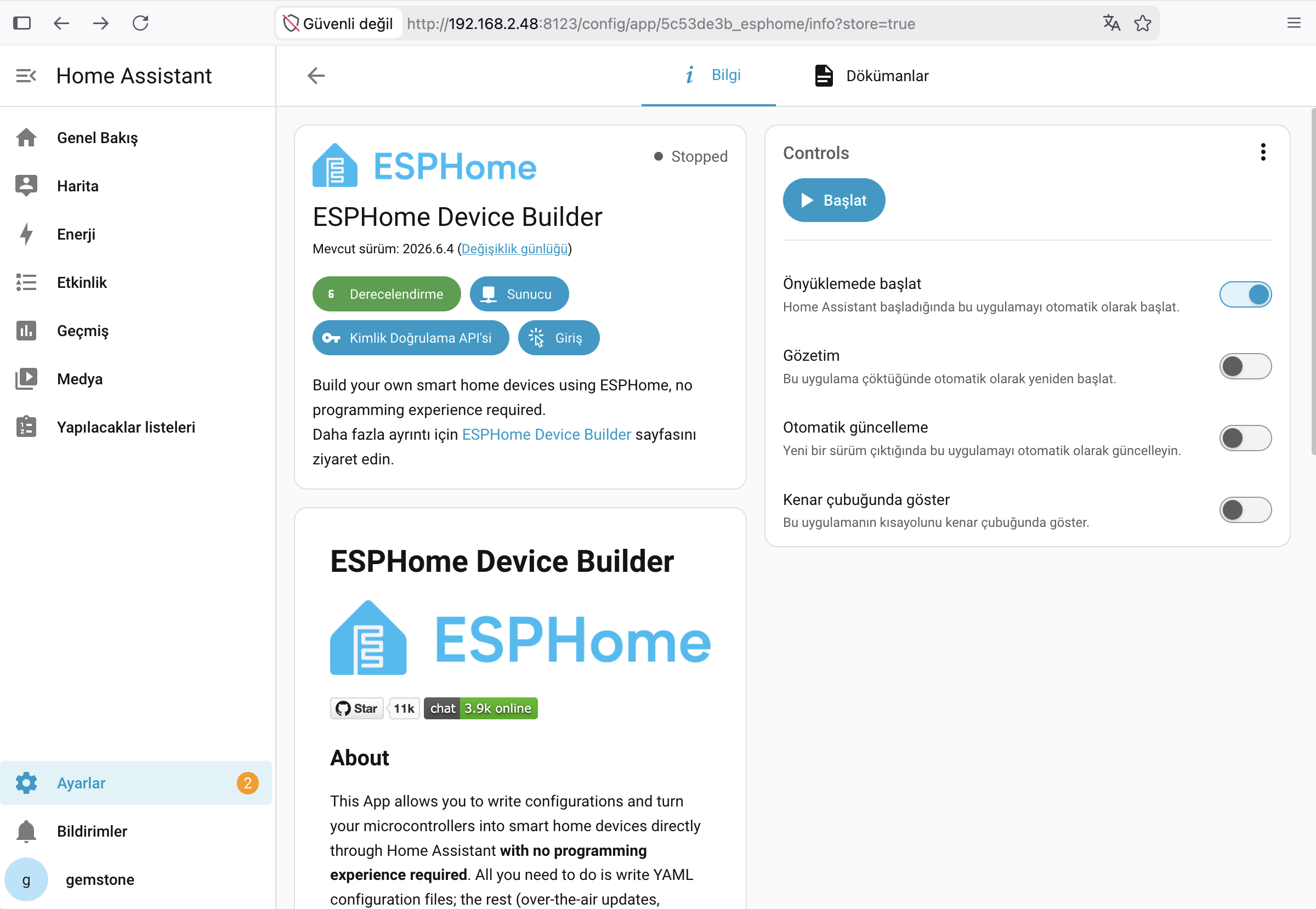 Home Assistant ESPHome Yüklendikten Sonra