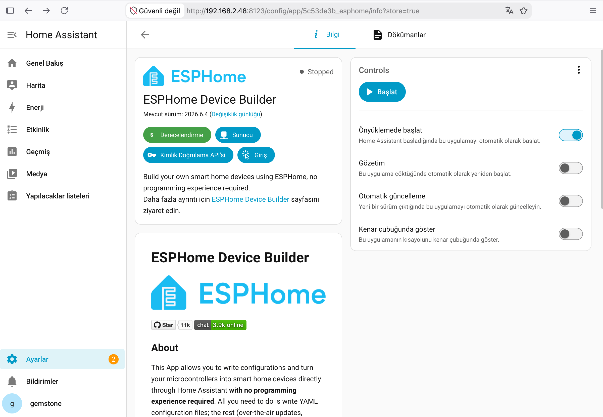 Home Assistant ESPHome Yüklendikten Sonra