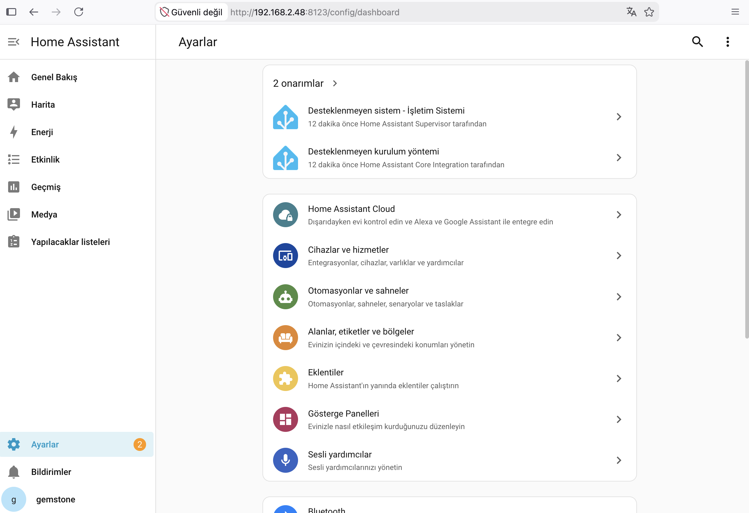 Home Assistant Ayarlar Bölümü