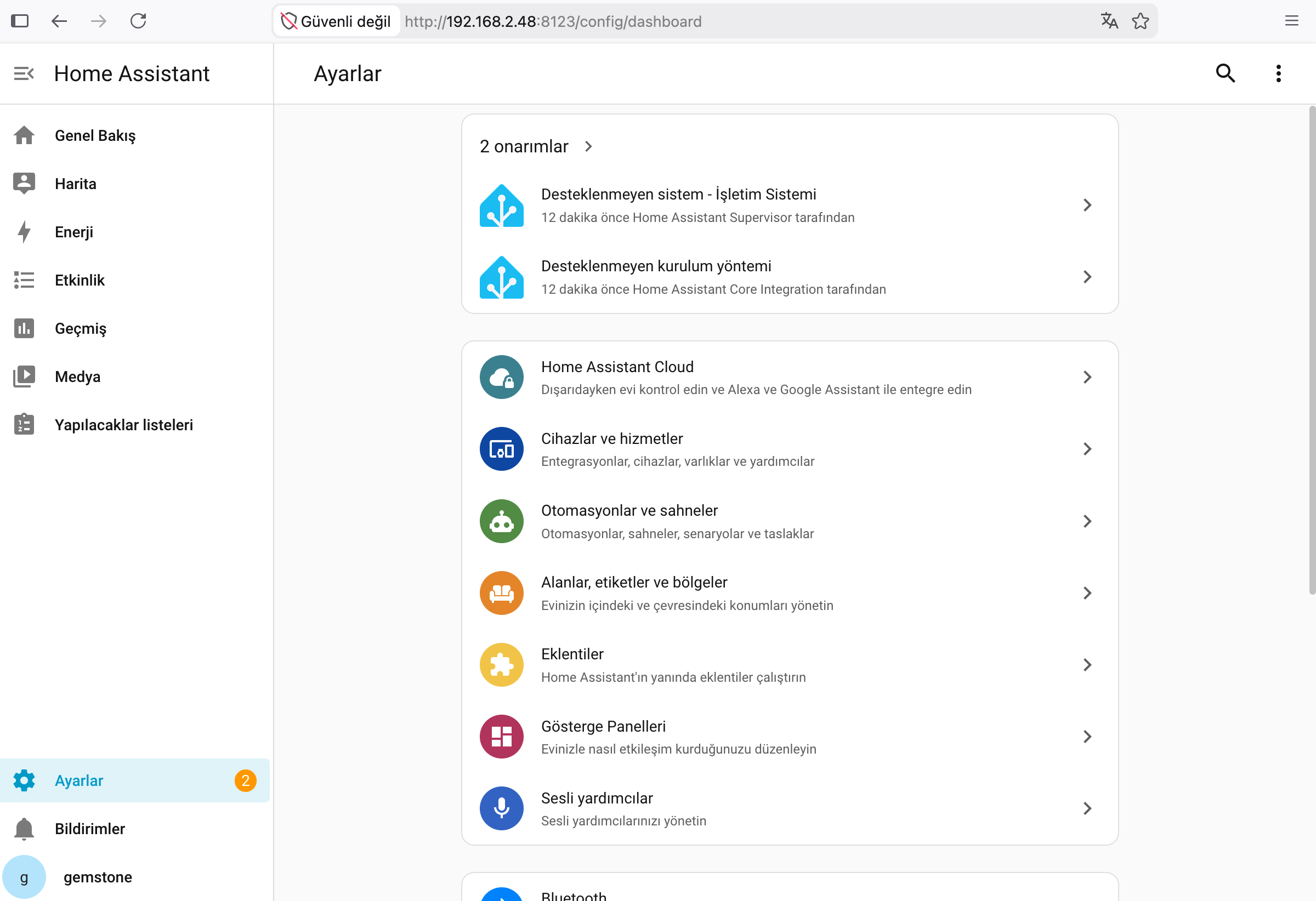 Home Assistant Ayarlar Bölümü