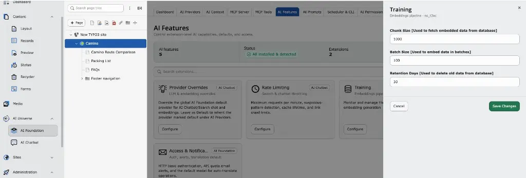 Configurable database chunking in T3AF Training settings