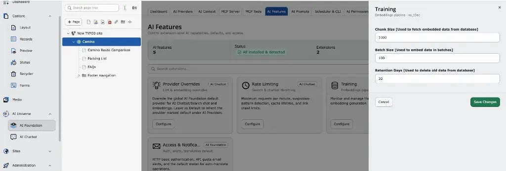 Configurable database chunking in T3AF Training settings