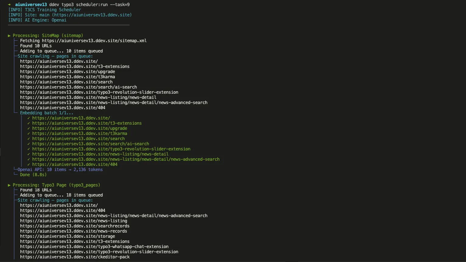 Example command-line output for TYPO3 scheduler task run