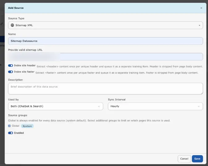 Index site header and Index site footer options in Add Source