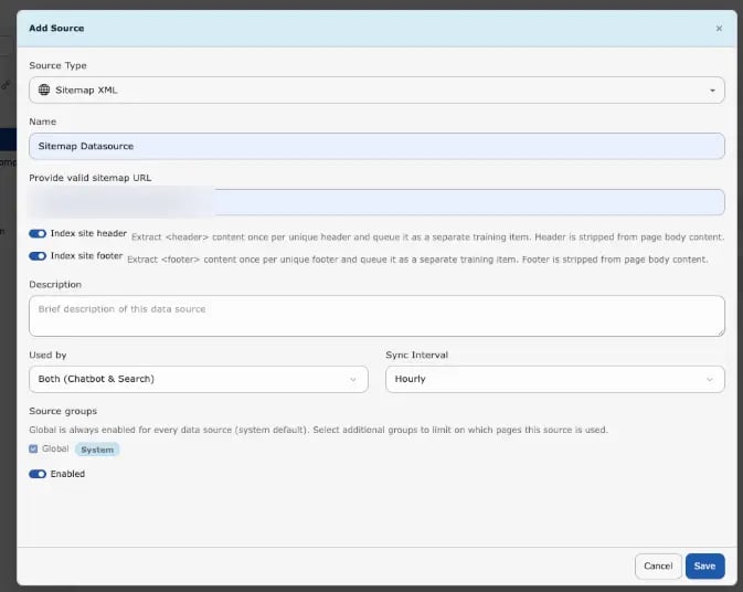 Index site header and Index site footer options in Add Source