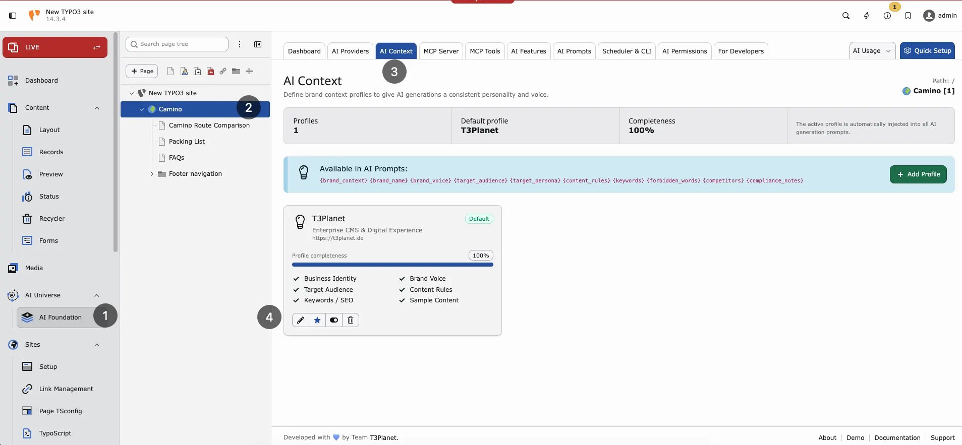 AI Context profiles list with default profile completeness checklist