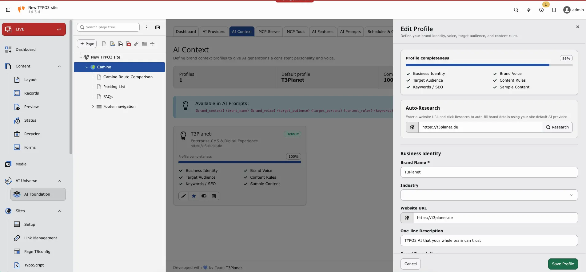Edit AI Context profile drawer with auto-research and business identity fields