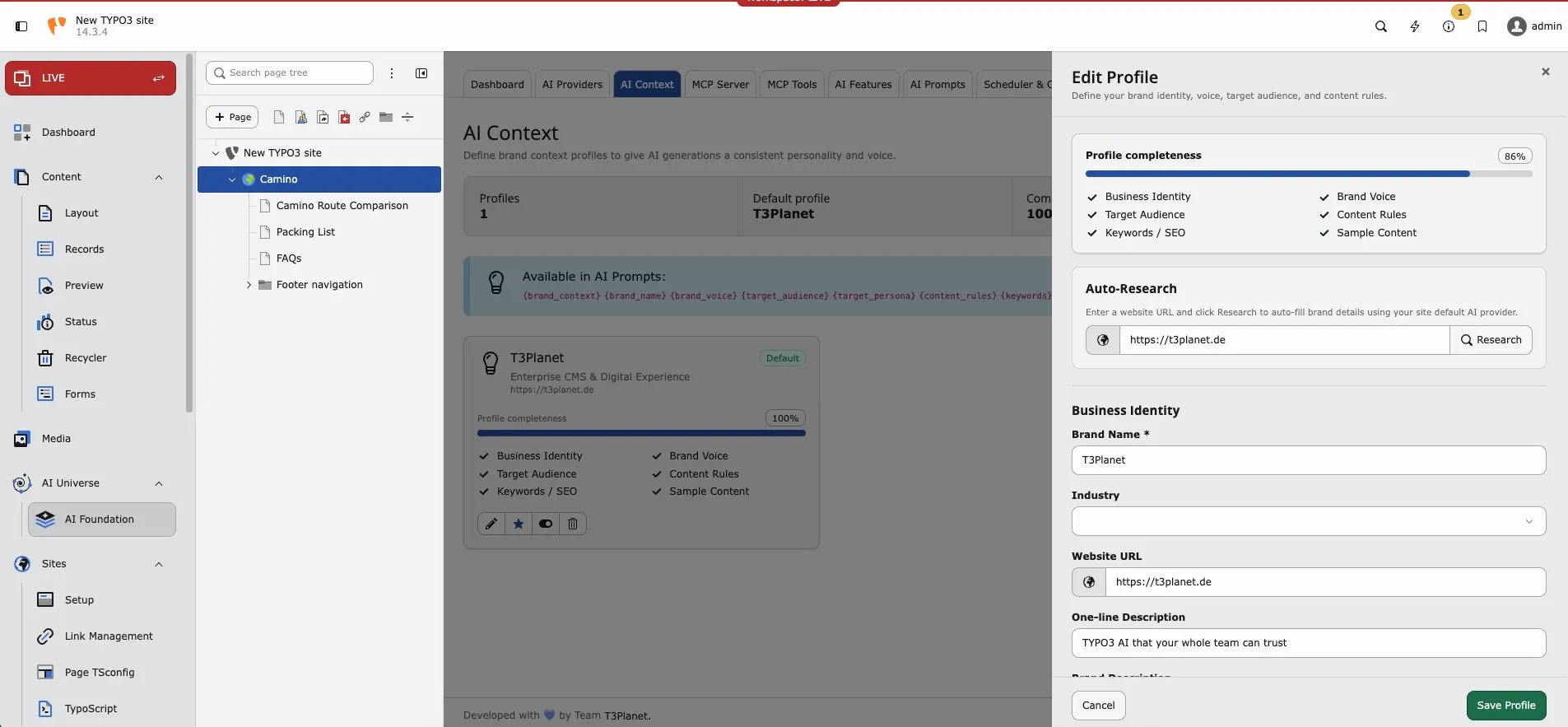 Edit AI Context profile drawer with auto-research and business identity fields