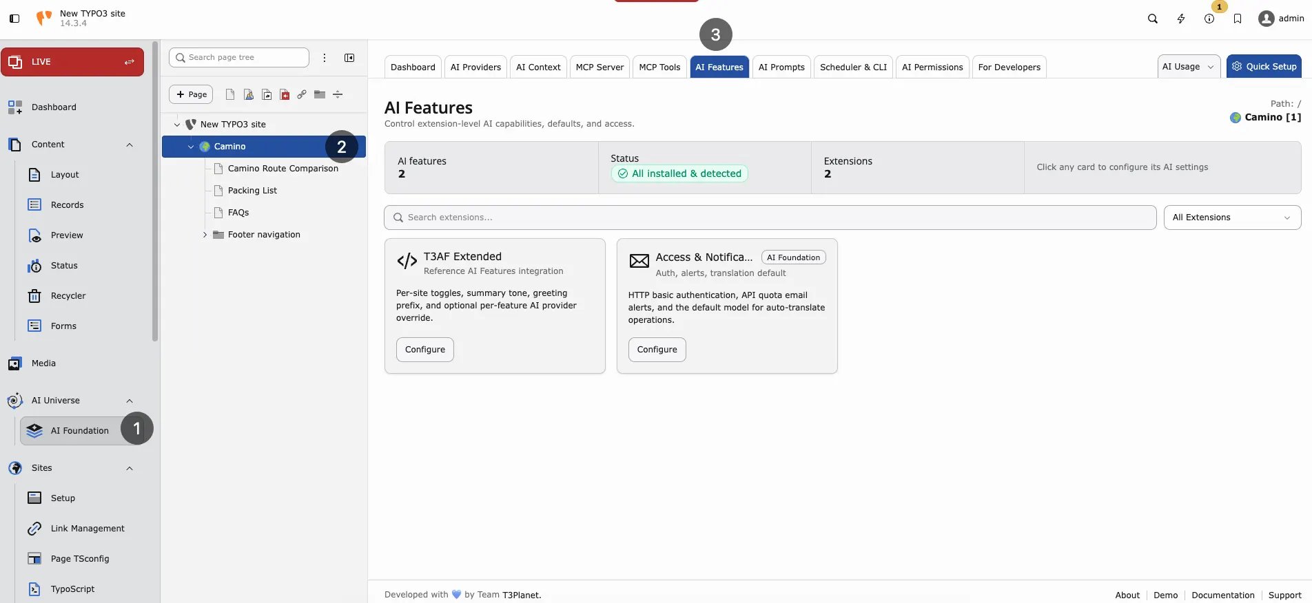 AI Features cards for extension-level AI settings