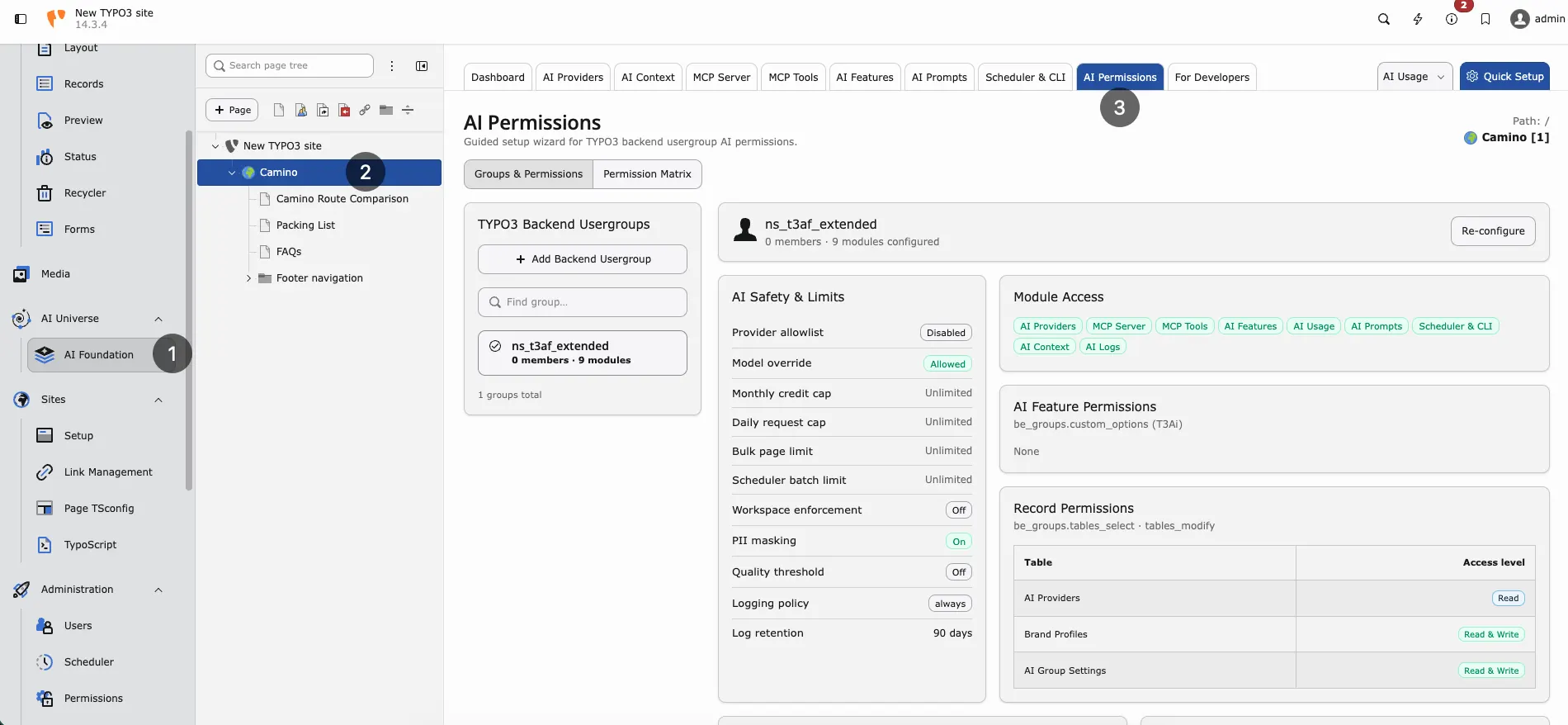 AI Permissions with TYPO3 backend usergroups and permission matrix