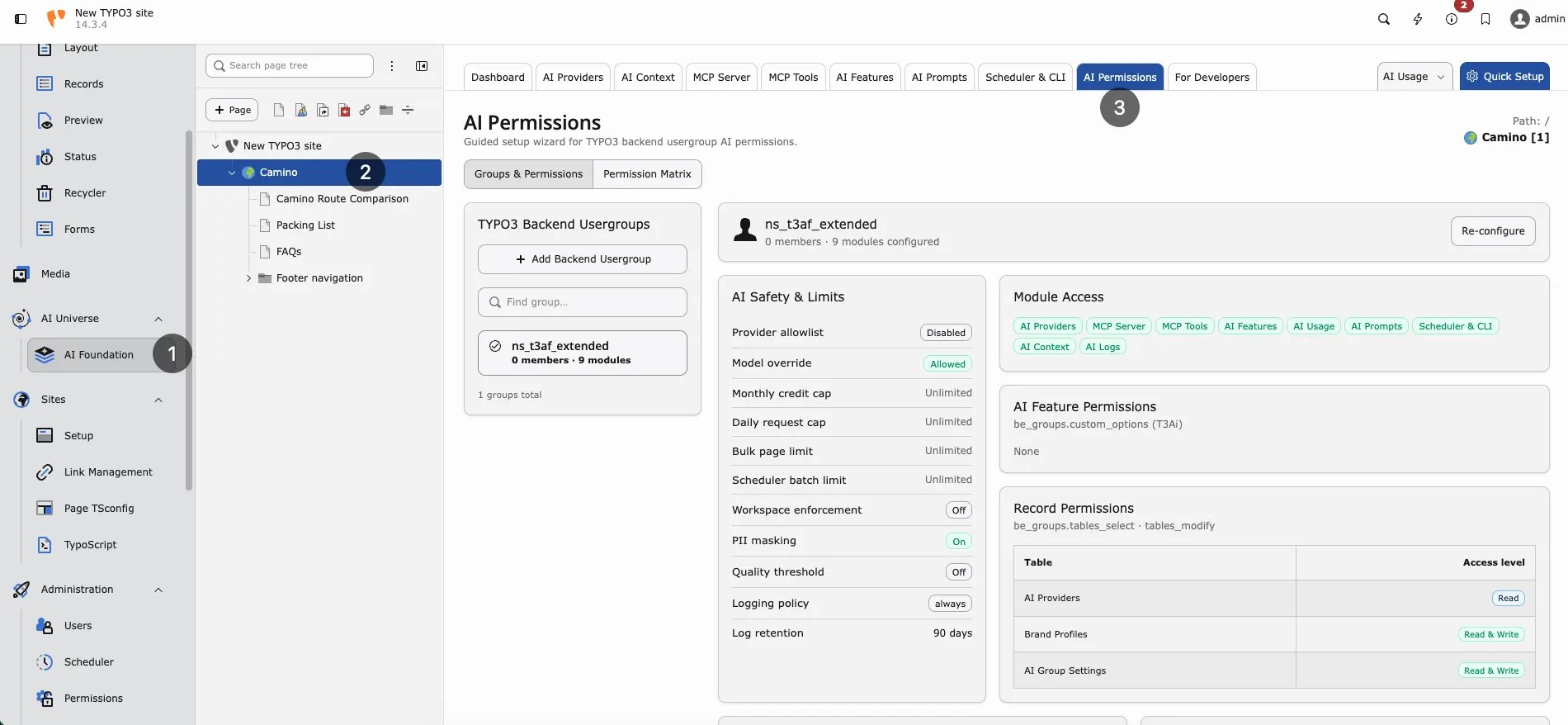 AI Permissions with TYPO3 backend usergroups and permission matrix