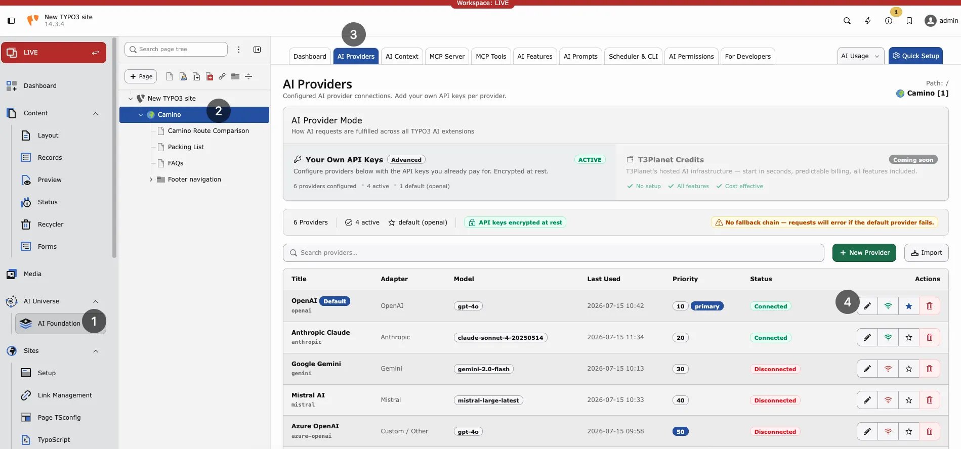 AI Providers list with configured vendors, models, status, and actions