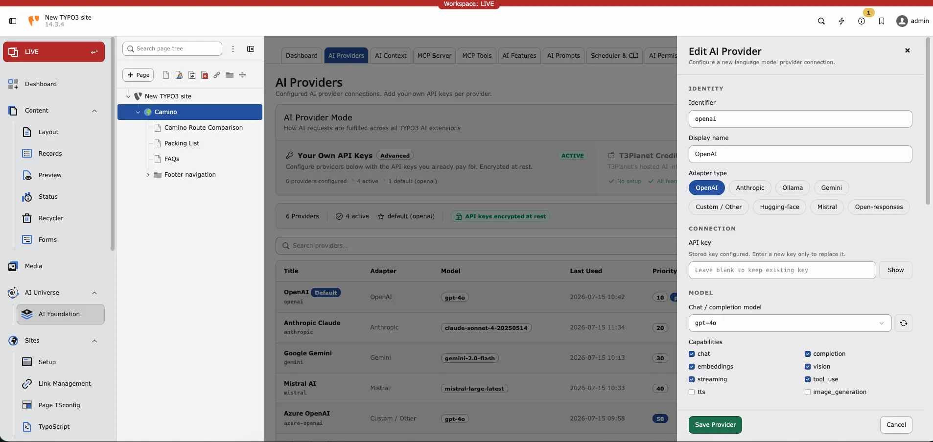Edit AI Provider drawer with adapter, API key, model, and capabilities