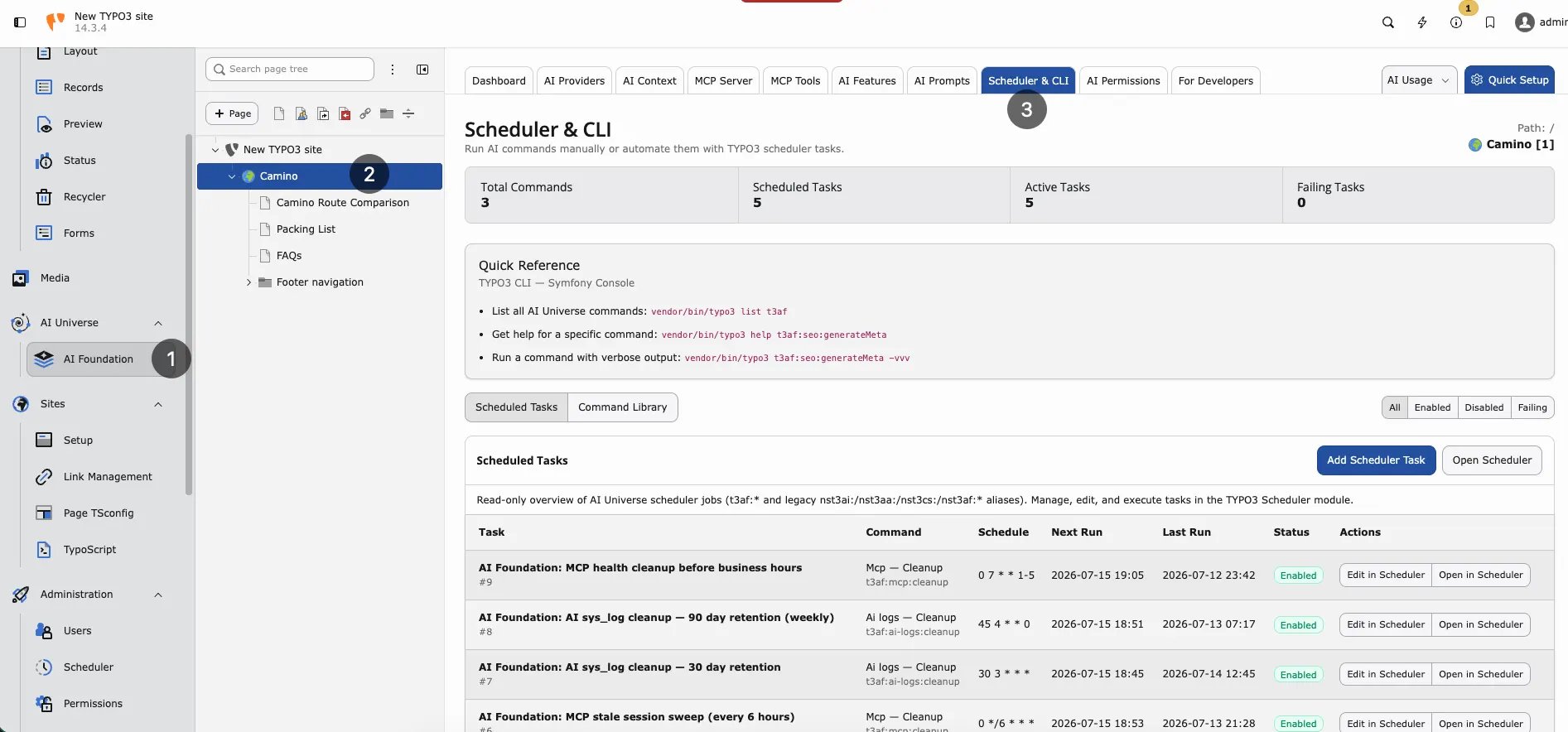 T3AF Scheduler and CLI with scheduled tasks and command list