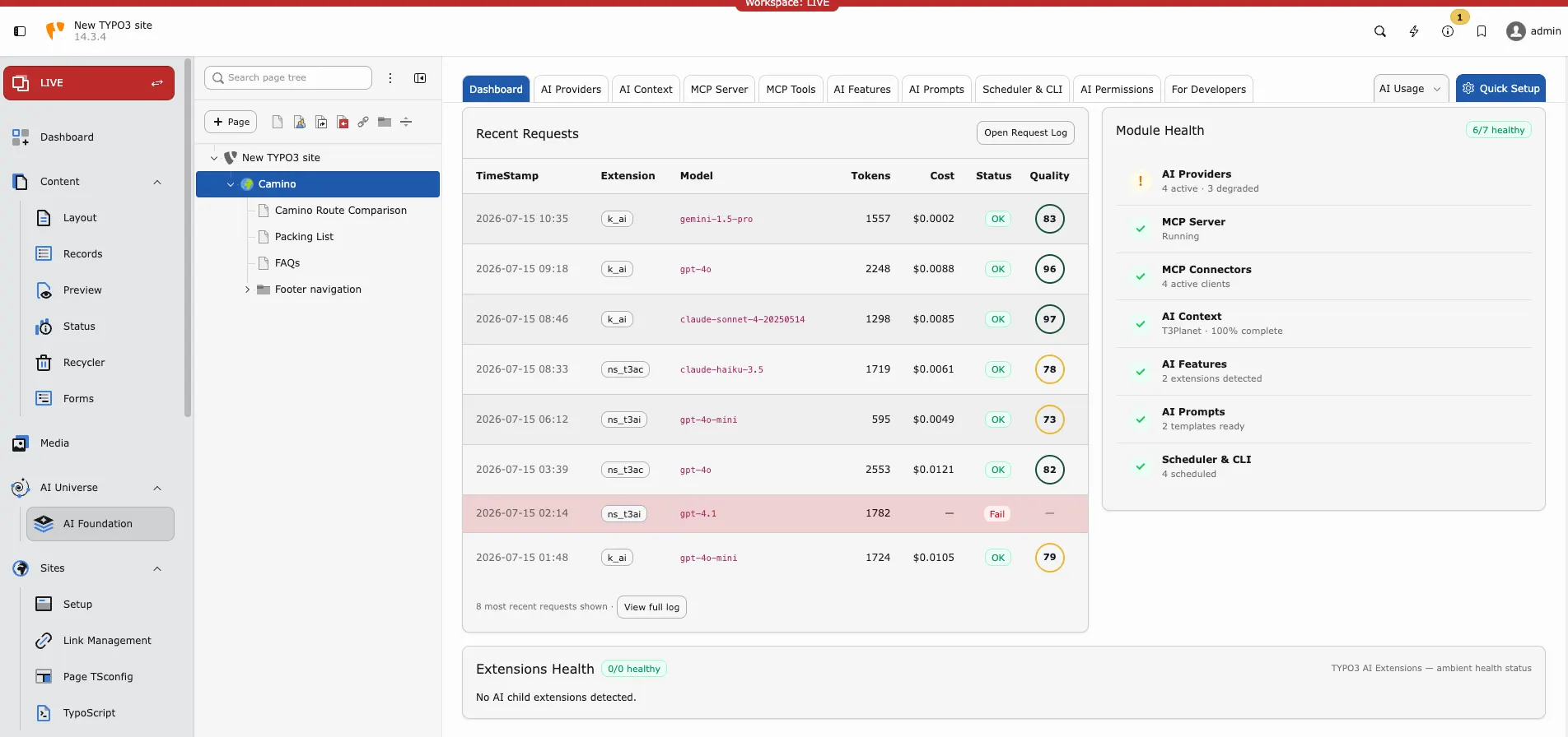 T3AF Dashboard recent requests table and module health panel