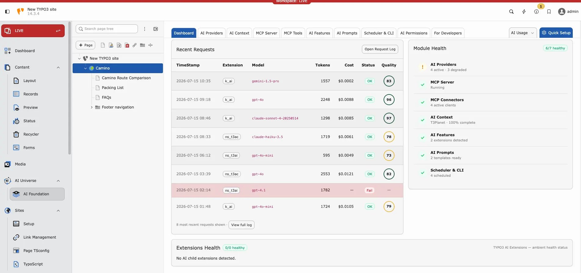 T3AF Dashboard recent requests table and module health panel