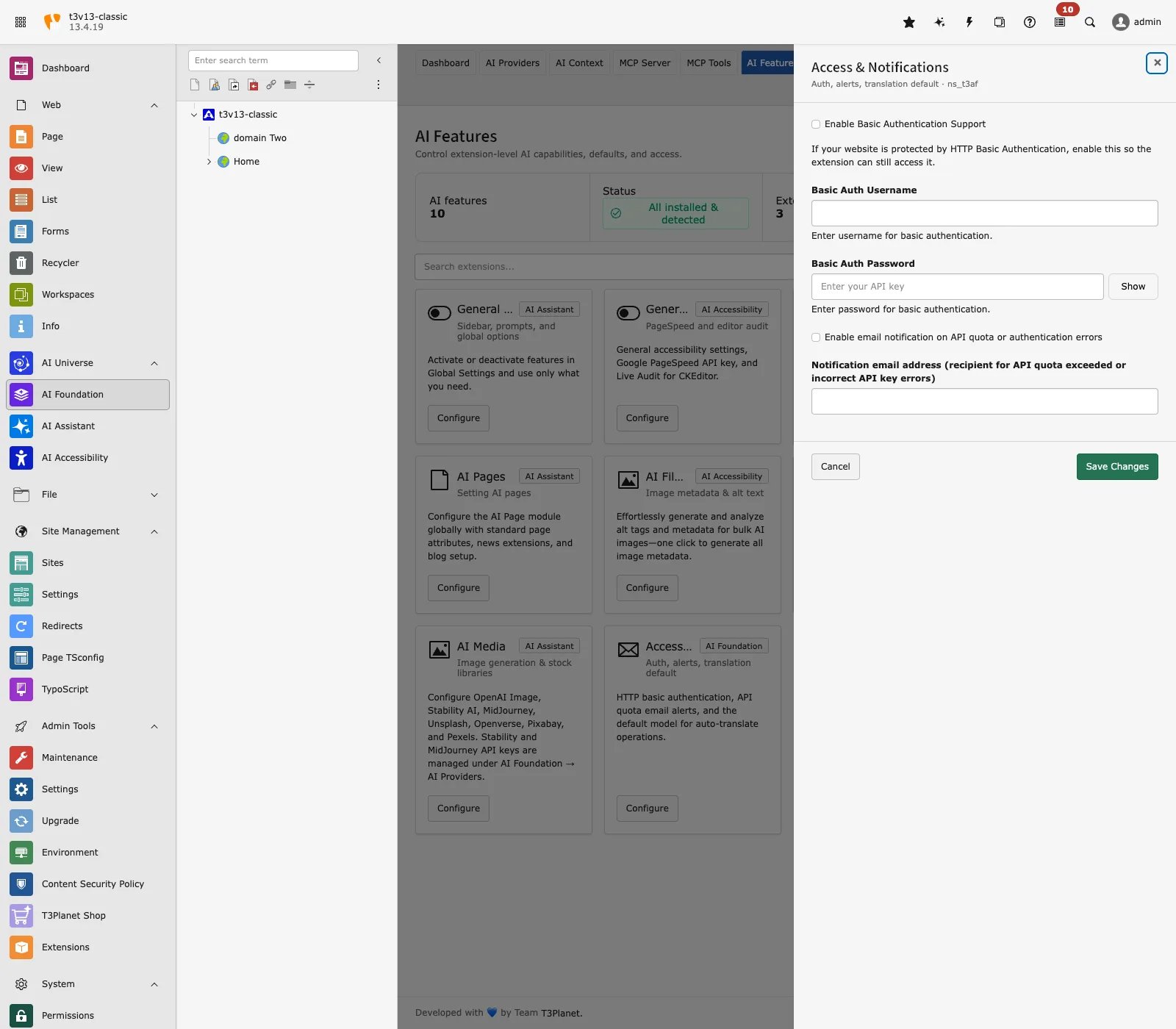 Access and Notifications drawer with Basic Auth and email alerts