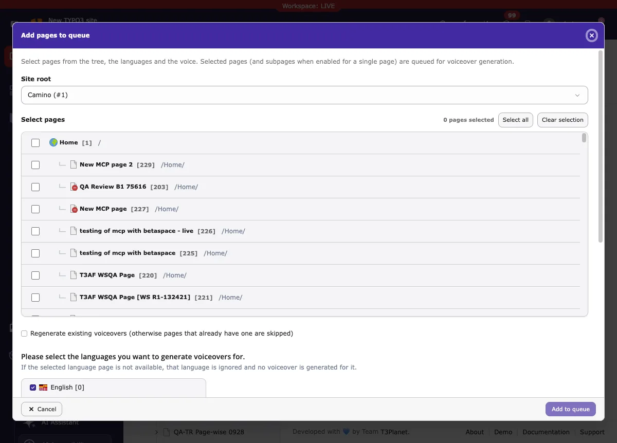Add pages to queue: choose a site