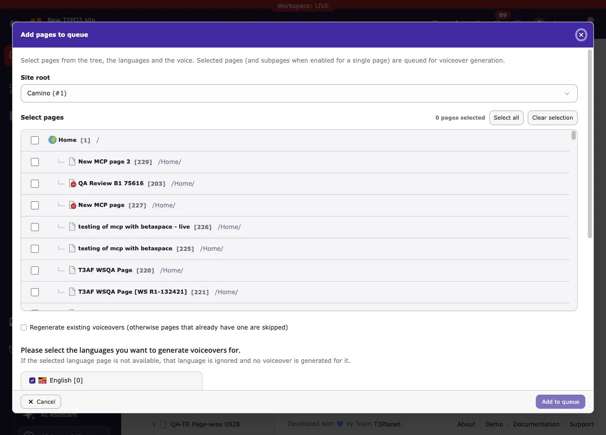 Add pages to queue: choose a site