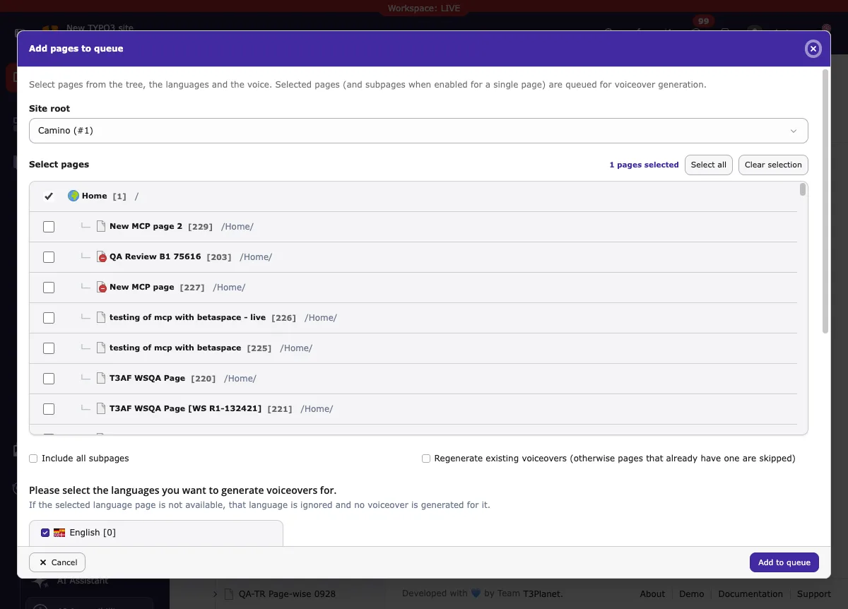 Add pages to queue: select pages in the tree