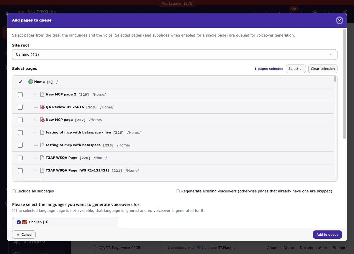 Add pages to queue: select pages in the tree