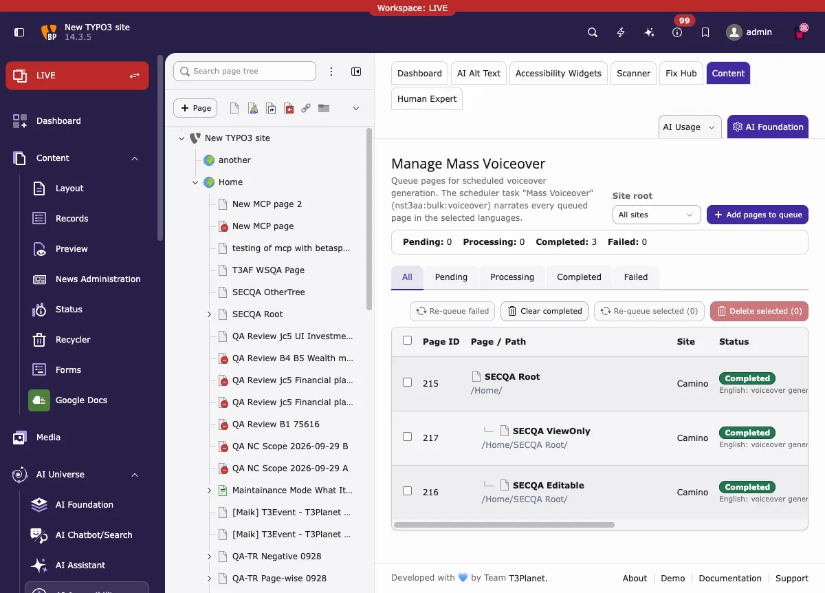 Manage Mass Voiceover: queue with completed pages