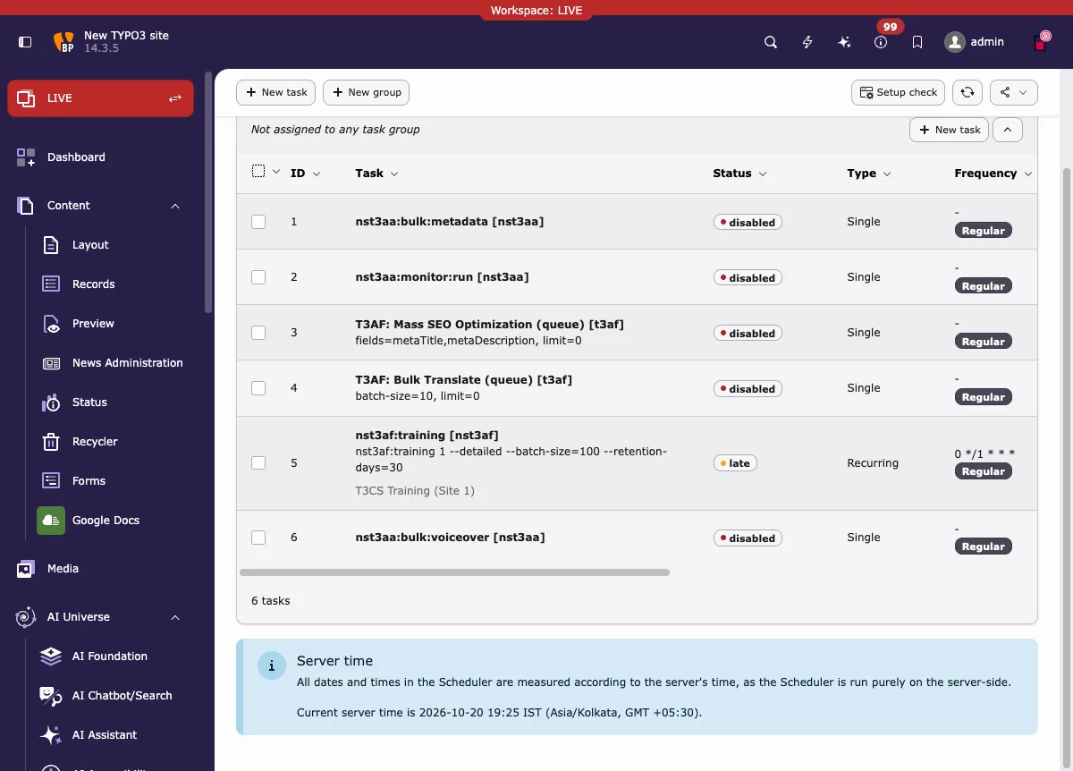 The nst3aa:bulk:voiceover task in the Scheduler list