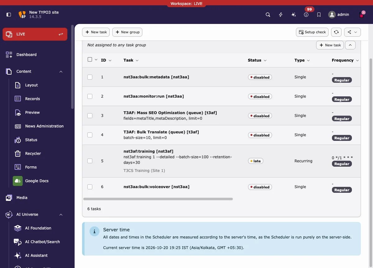 The nst3aa:bulk:voiceover task in the Scheduler list