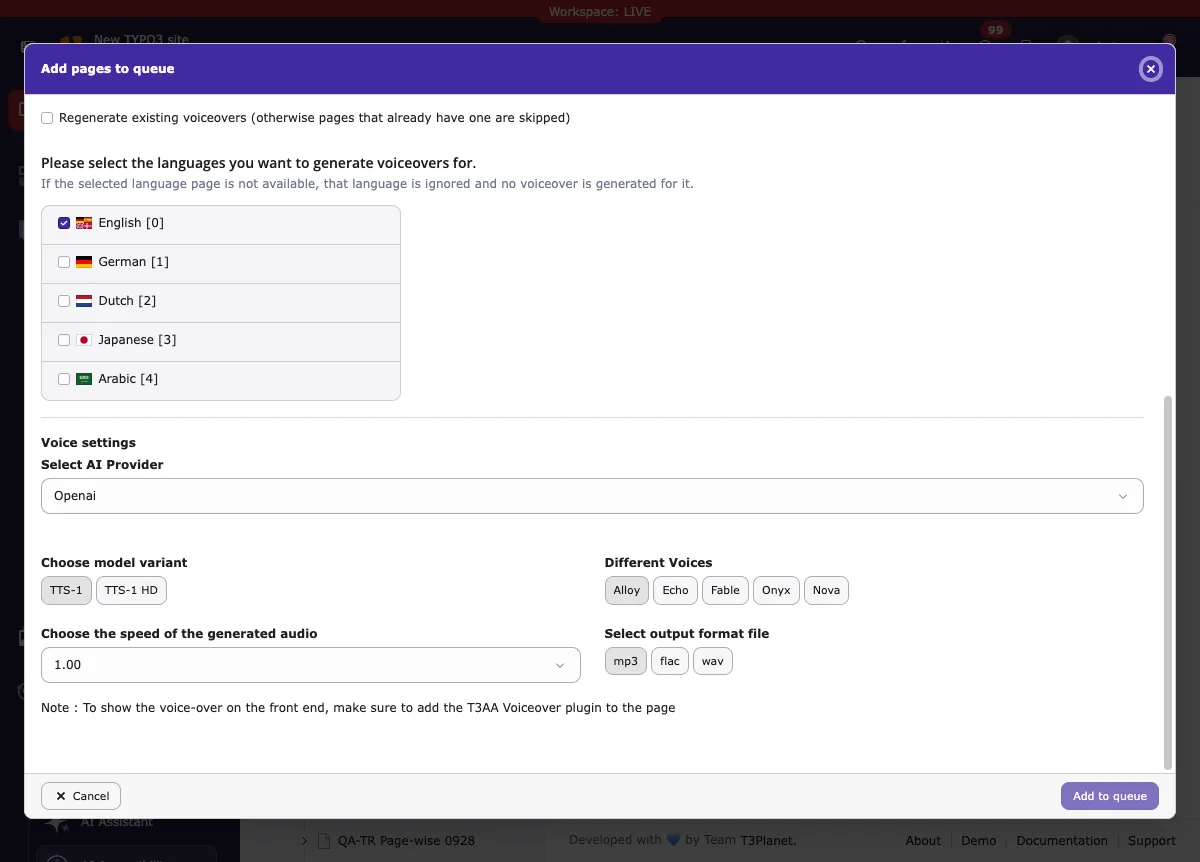 Languages and voice settings