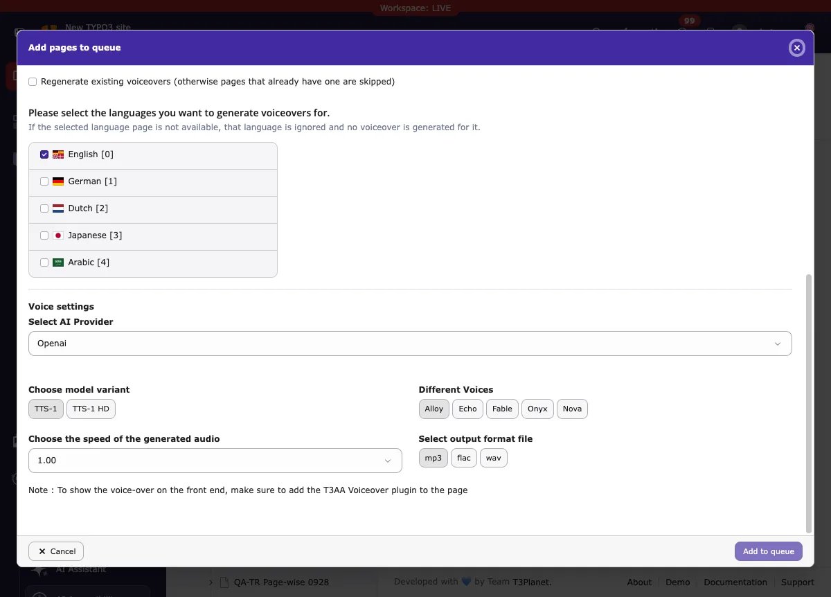 Languages and voice settings