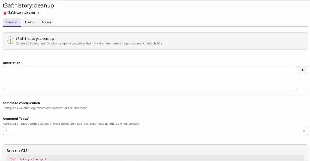 Scheduler task t3af:history:cleanup with days argument set to 3