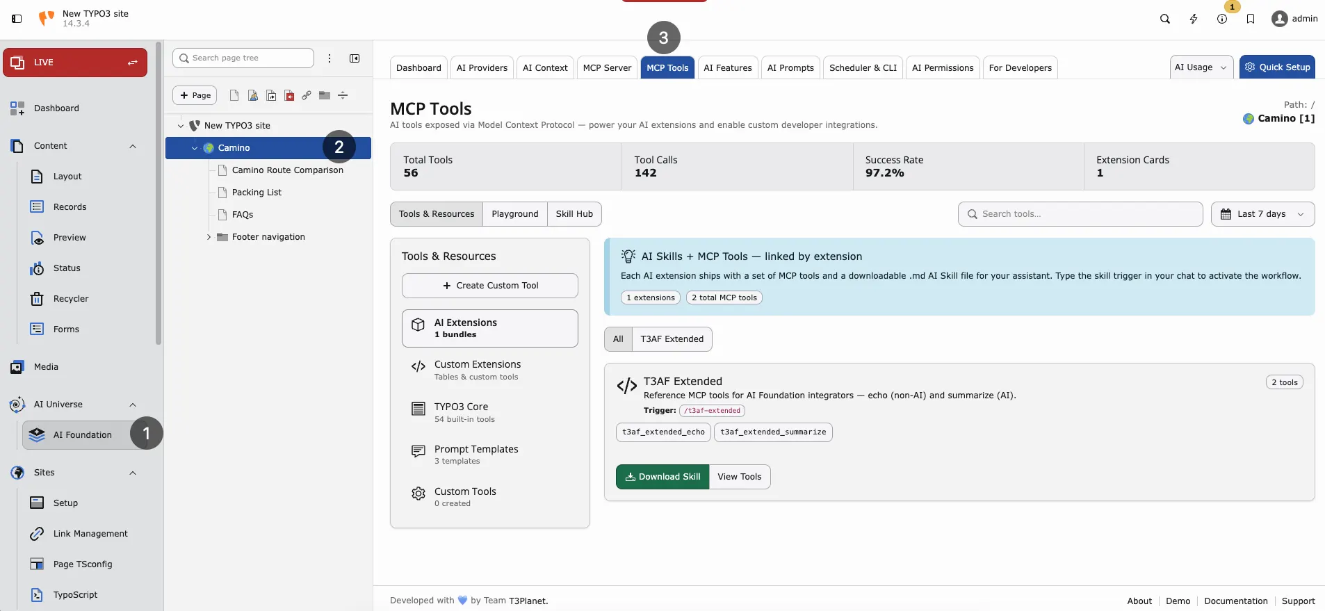MCP Tools catalog with TYPO3 Core tools and extension skill cards