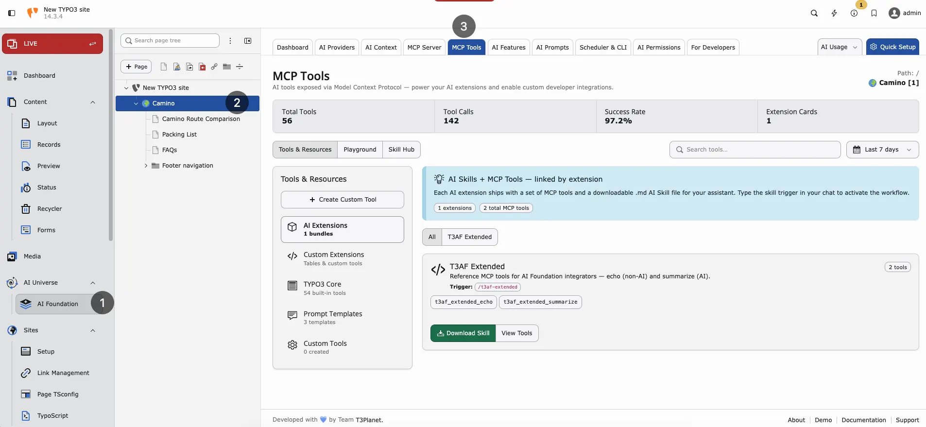 MCP Tools catalog with TYPO3 Core tools and extension skill cards
